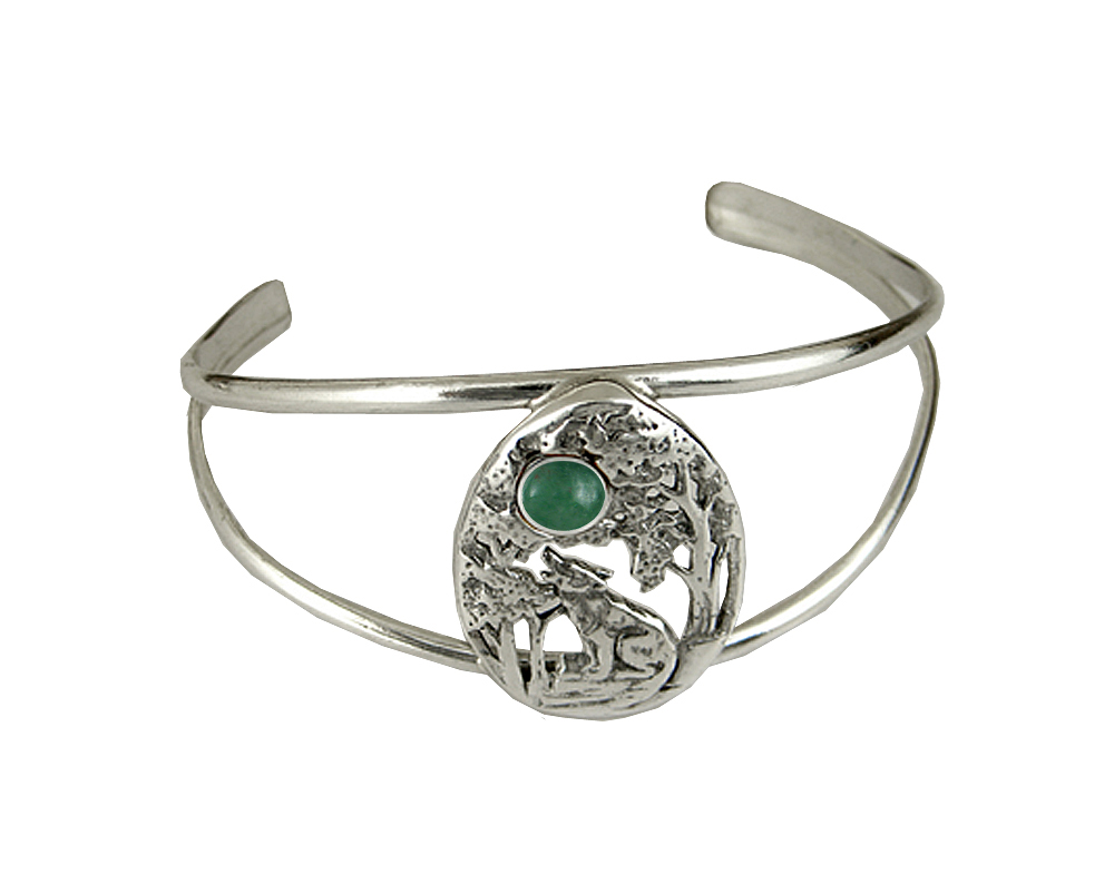Sterling Silver Howling Wolf Cuff Bracelet With Jade